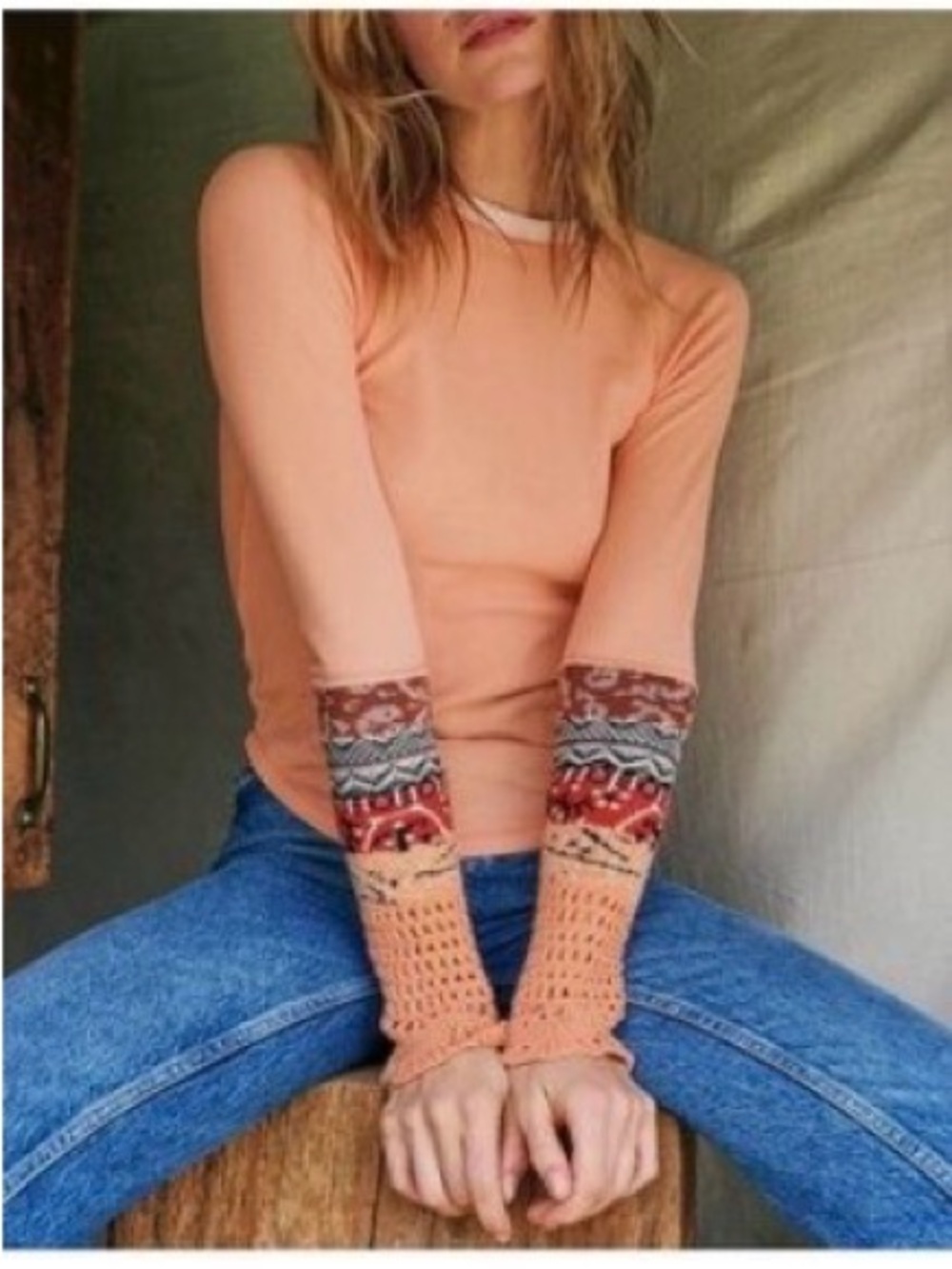 Free People Peach Orange Henley Long Sleeve Thermal Top w Patterned Cuffs Size S